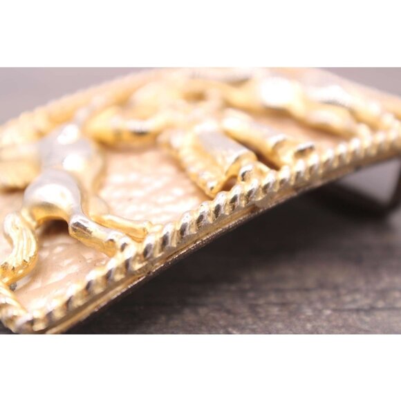 Western Cowboy Rodeo Horse Belt Buckle Rope Border Gold Tone Cowboy Rodeo Vtg - Picture 10 of 11